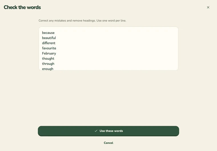 LWCW's photo-import screen showing ten school spelling words recognised from a scanned sheet, ready for a parent to review before saving.