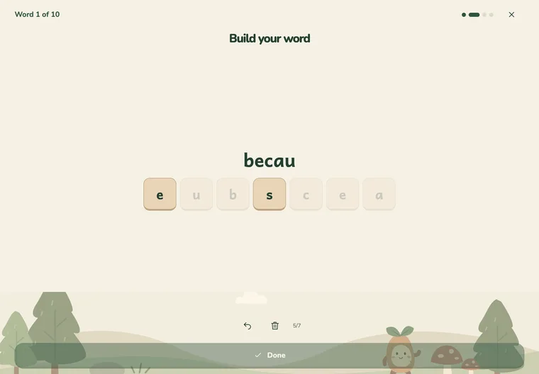 LWCW's Letter Blocks mode: a child has tapped five of the seven letters of 'because' in order, with used letters highlighted and the rest still waiting to be tapped.