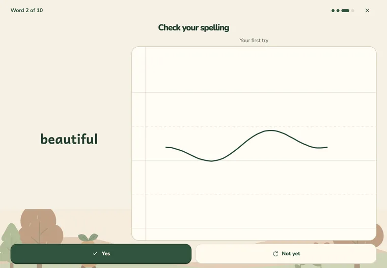LWCW's check screen comparing a child's handwritten attempt at 'beautiful' with the correct spelling, alongside Yes and Not yet buttons.