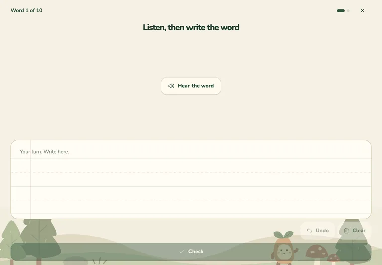 LWCW's Test Me screen: the word is read aloud with the spelling hidden, and the child writes their answer by hand before checking it.