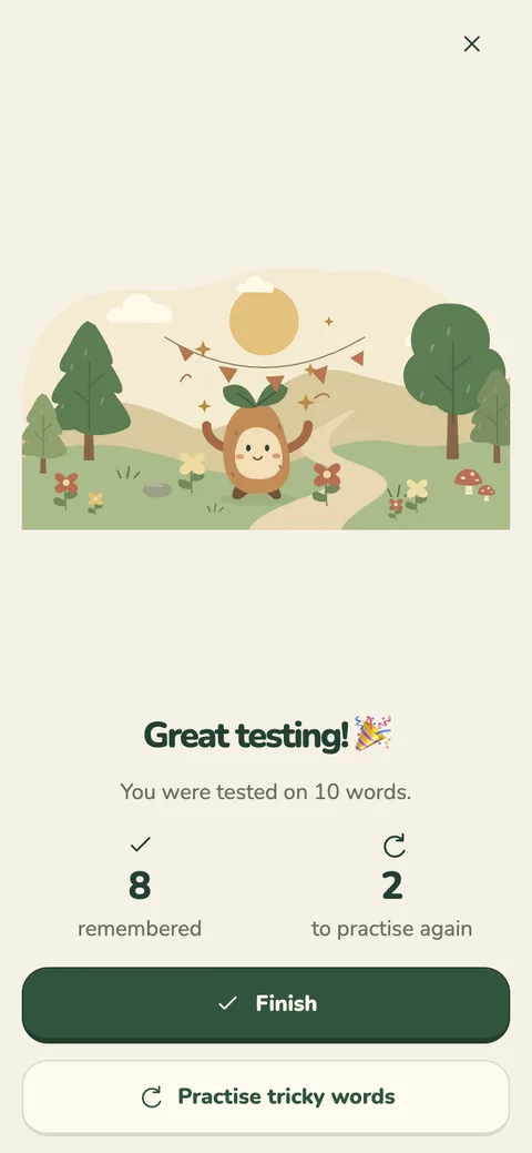 LWCW's Test Me results screen showing 8 words remembered and 2 to practise again, with a button to practise just the tricky words.